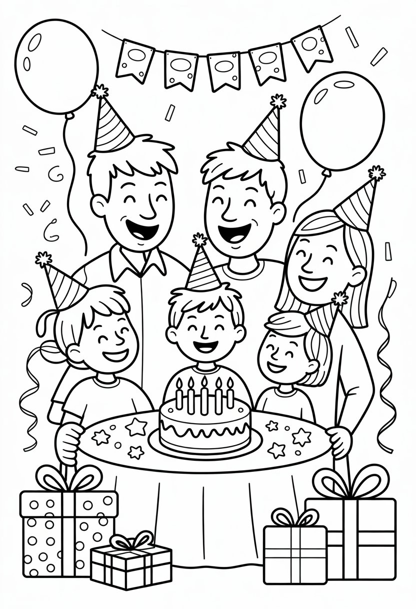 I Love My Family Coloring Pages List of 13 Fun and Educational Designs 25 A family gathered around a birthday table with a cake, balloons, presents, and decorations celebrating together.